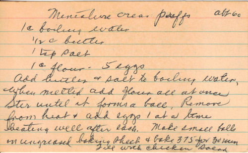 Handwritten Recipe For Miniature Cream Puffs