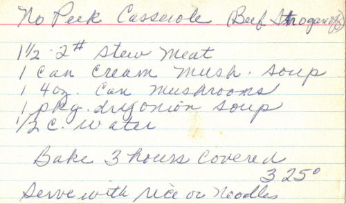 Handwritten Recipe For No Peek Casserole