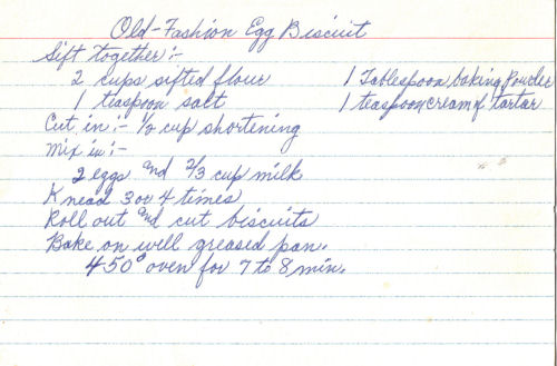 Handwritten Recipe For Old-Fashion Egg Biscuit