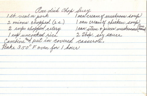 Handwritten Recipe For One Dish Chop Suey