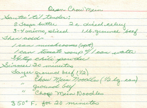 Handwritten Recipe For Oven Chow Mein