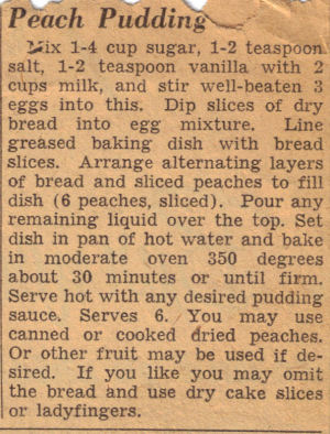 Vintage Recipe Clipping For Peach Pudding
