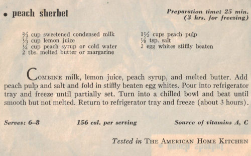 Vintage Recipe Clipping For Peach Sherbet