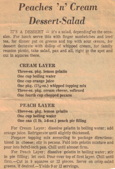 Recipe Clipping For Peaches 'n' Cream Dessert Salad