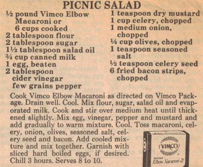 Recipe Clipping For Picnic Macaroni Salad