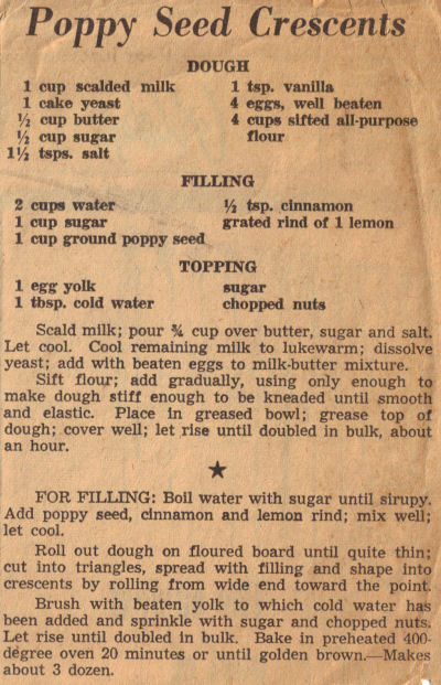 Vintage Recipe Clipping For Poppy Seed Crescents