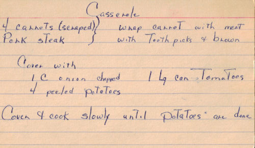 Handwritten Recipe Card For Pork Steak Casserole