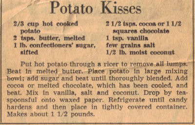 Vintage Recipe Clipping For Potato Kisses Candy