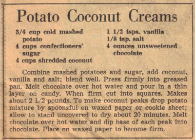 Recipe Clipping For Potato Coconut Creams Fudge