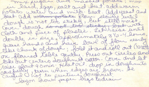 Back Of Handwritten Recipe For Potato Fastnachts (Raised)