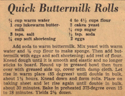 Recipe Clipping For Quick Buttermilk Rolls