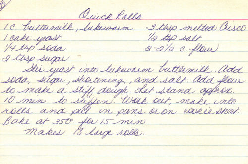 Handwritten Recipe For Quick Rolls