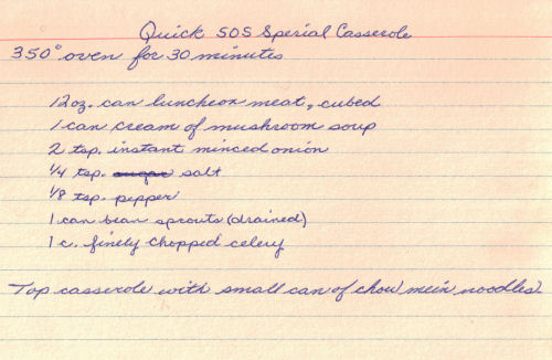 Handwritten Recipe For Quick SOS Special Casserole