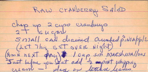 Handwritten Recipe Card For Raw Cranberry Salad