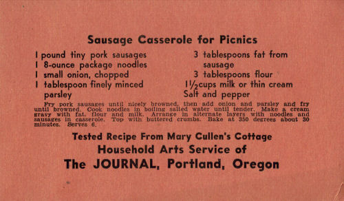 Vintage Recipe Card For Sausage Casserole