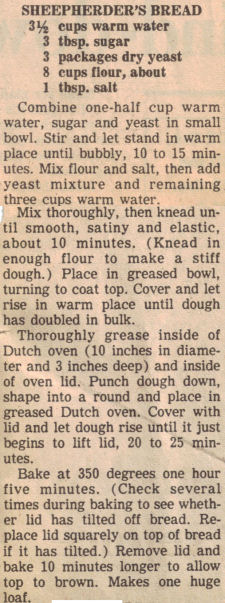 Recipe Clipping For Sheepherder's Bread