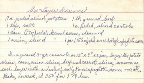 Handwritten Recipe For Six Layer Dinner Casserole