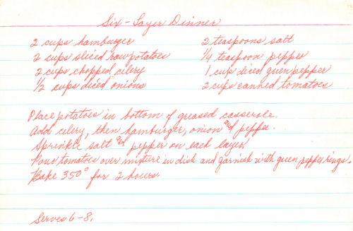 Handwritten Recipe For Six-Layer Dinner Casserole