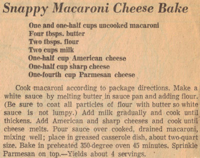 Recipe Clipping For Snappy Macaroni Cheese Bake