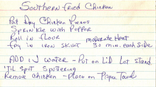 Handwritten Recipe Card For Southern Fried Chicken