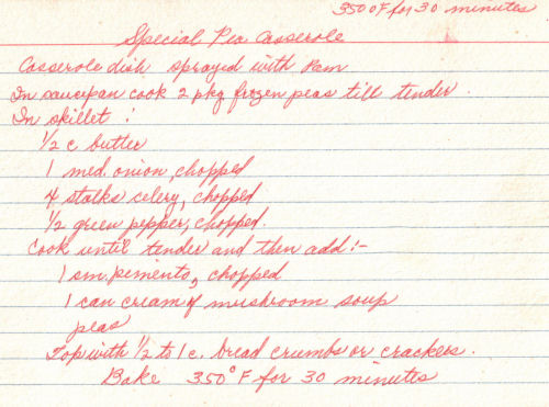 Handwritten Recipe For Special Pea Casserole