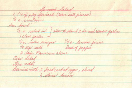 Handwritten Recipe For Spinach Salad
