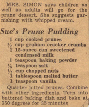 Vintage Recipe Clipping For Sue's Prune Pudding