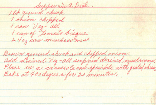 Handwritten Recipe For Supper In A Dish Casserole