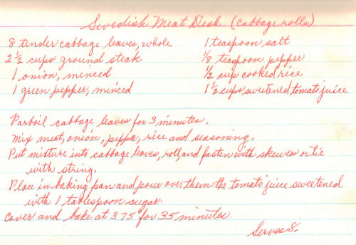 Handwritten Recipe For Swedish Meat Dish (Cabbage Rolls)