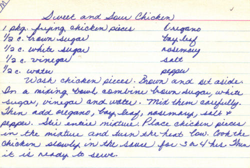 Handwritten Recipe For Sweet & Sour Chicken