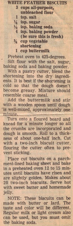 Recipe Clipping For White Feather Biscuits