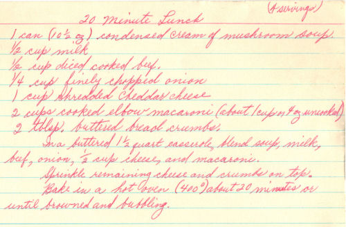 Handwritten Recipe For Lunch Casserole