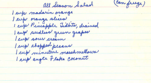 Handwritten Recipe For All Season Fruit Salad
