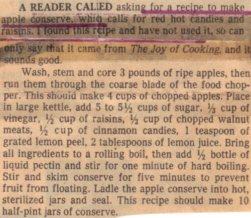 Vintage Recipe Clipping For Apple Conserve