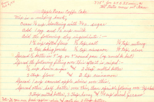 Handwritten Recipe For Apple Pecan Coffee Cake