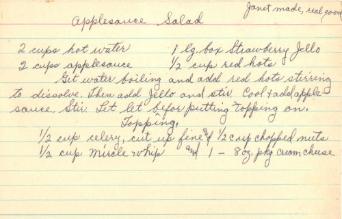 Handwritten Recipe Card For Applesauce Salad