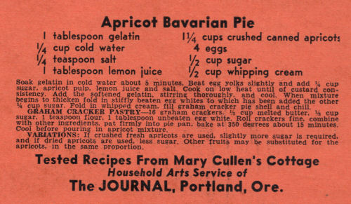 Vintage Recipe Card For Apricot Bavarian Pie
