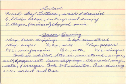 Handwritten Recipe Card For Bacon Dressing And Salad