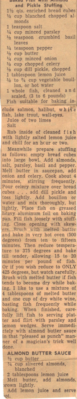 Vintage Recipe Clipping For Baked Fish