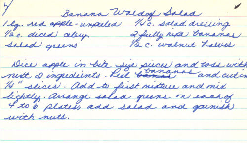 Handwritten Recipe For Banana Waldorf Salad