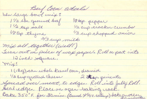 Handwritten Recipe Card For Beef Corn Wheels