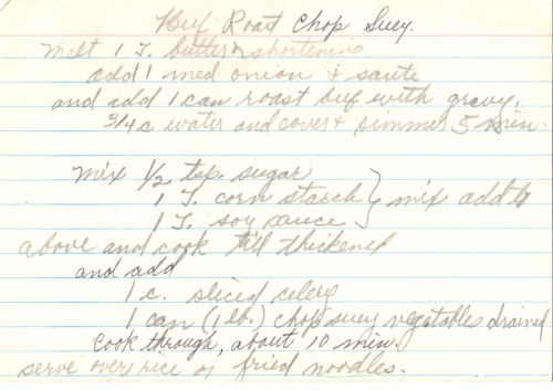 Handwritten Recipe For Beef Roast Chop Suey