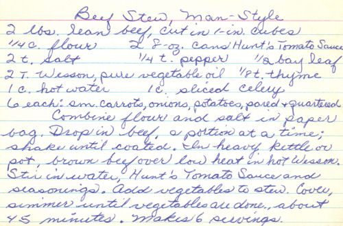 Handwritten Recipe For Beef Stew