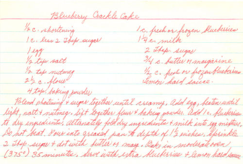 Handwritten Recipe For Blueberry Crackle Cake
