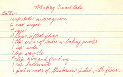 Handwritten Recipe For Blueberry Crunch Cake
