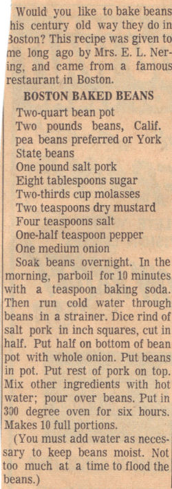 Recipe Clipping For Boston Baked Beans