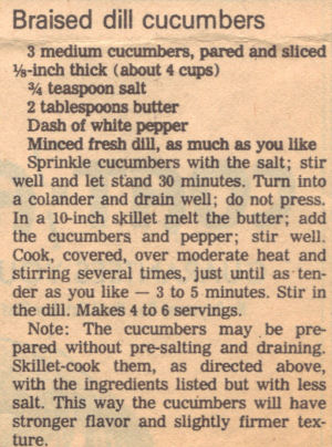 Vintage Recipe Clipping For Braised Dill Cucumbers