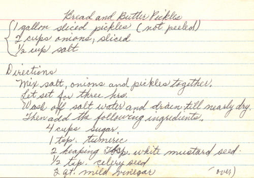 Handwritten Recipe Card For Bread And Butter Pickles