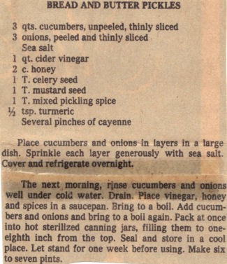 Recipe Clipping For Bread & Butter Pickles
