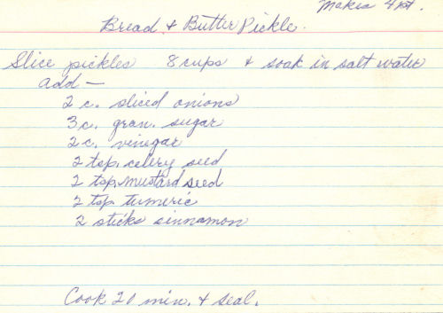 Handwritten Recipe Card For Bread & Butter Pickles